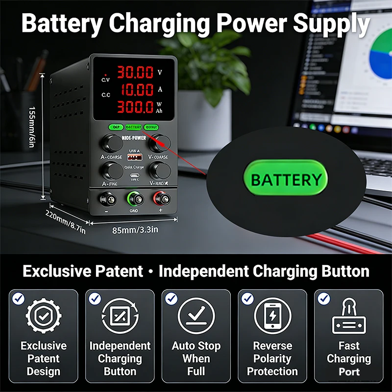 Battery Charging Power Supply Adjustable DC PowerSupply 12V 24V 30V 48V 100V 120V Charging Button Auto Stop When Full OCP OUTPUT