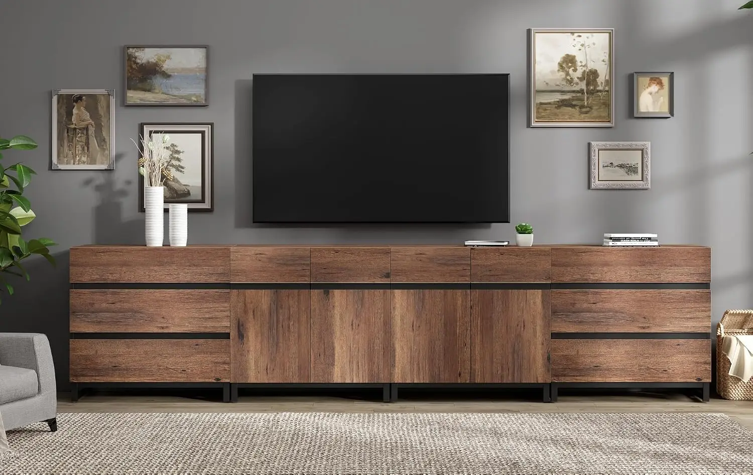TV Stand for 120 Inch TVs, 4-in-1 Console with 6 Drawers & Adjustable Shelves,, Brown, Customized