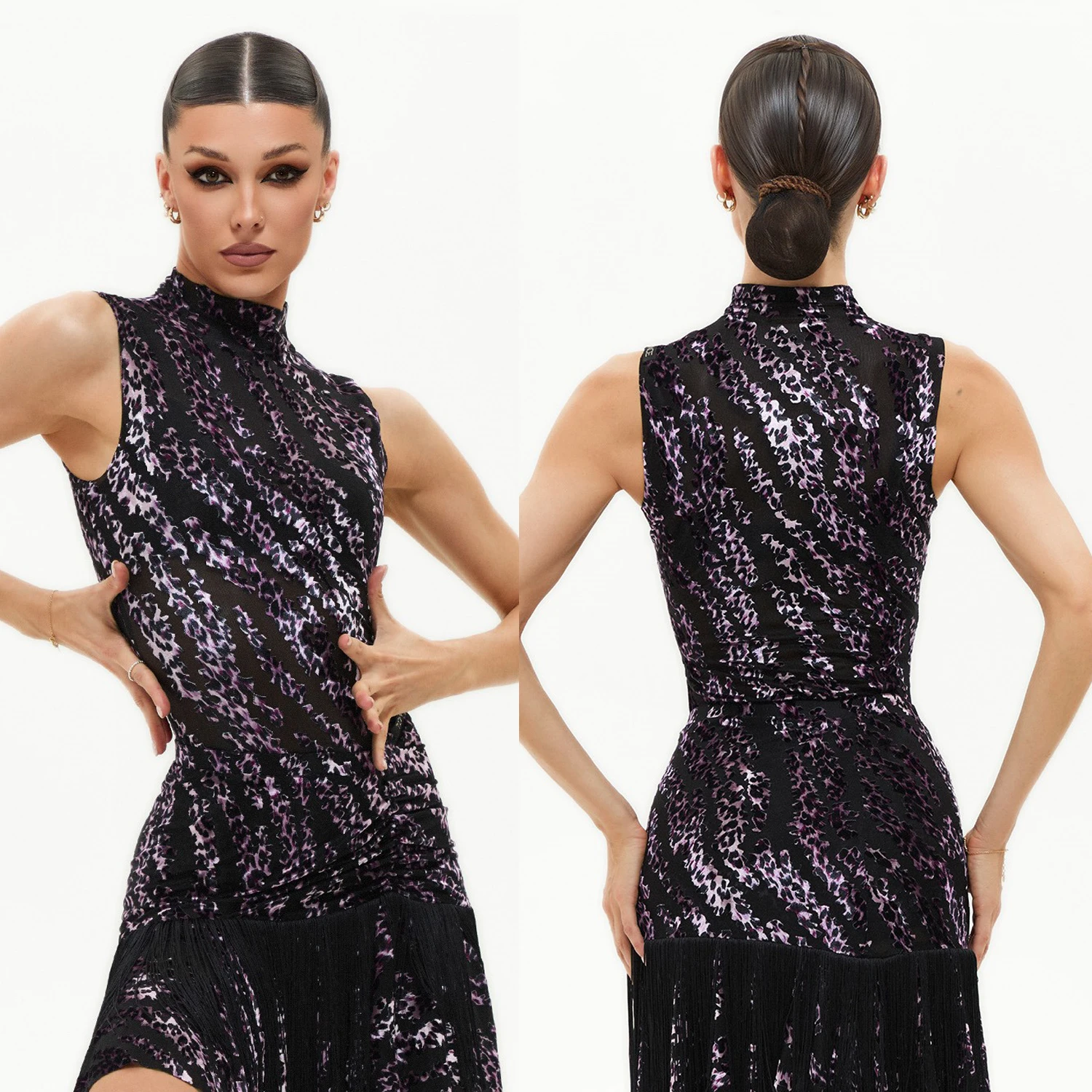 

Костюм для латинских танцев 2025, женские топы без рукавов, нерегулярная юбка, фиолетовая тренировочная одежда для выступлений, платье для румбы и танго, DNV24477