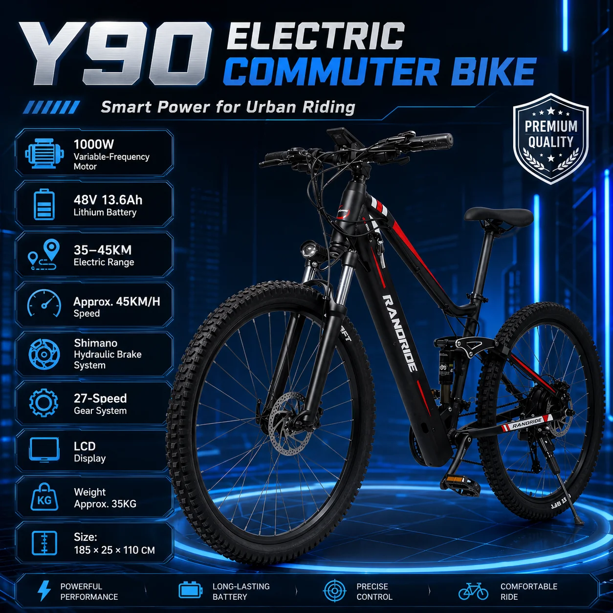Y90 1000W City Electric Bike 48V 13.6Ah Lithium Battery 35–45KM Range Shimano Hydraulic Brakes 27-Speed E-Bike for Adults