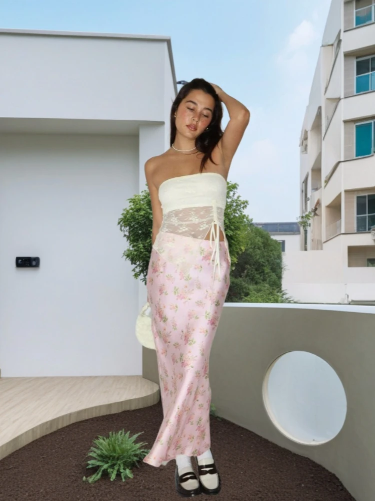 2026 New Satin Printed Dress with Rear Lower Fork, High Grade Pendant Half Skirt, Daily Commuting and Office Women's Underwear