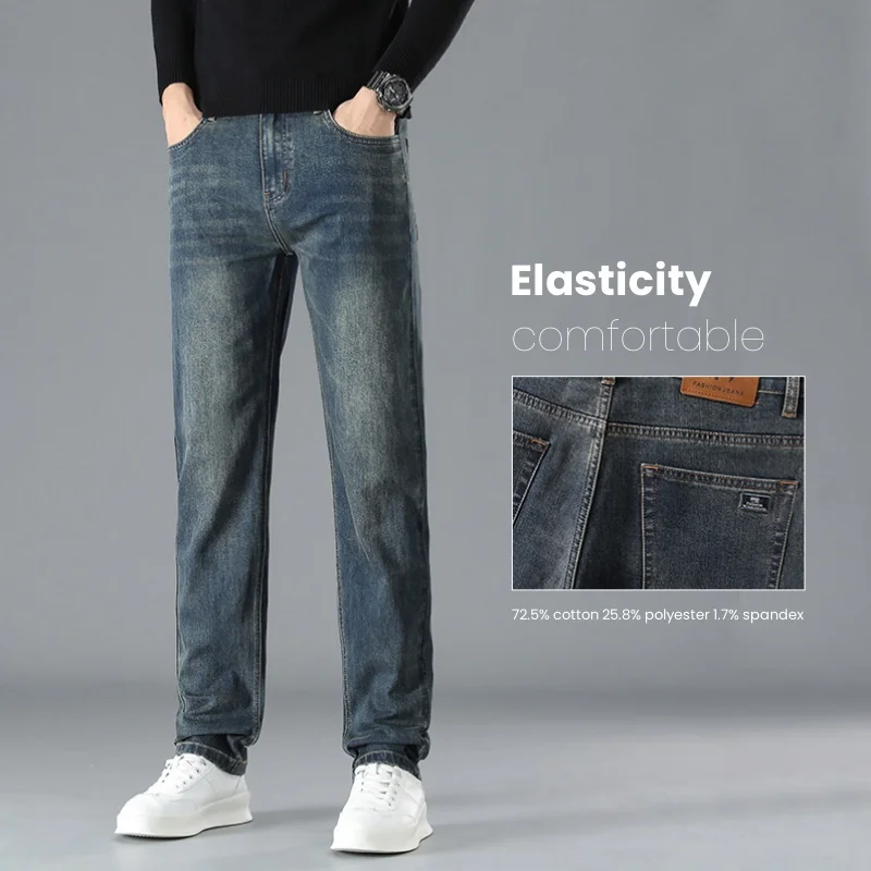 

Деловые эластичные джинсы, мужские осенние новые прямые тонкие мужские брюки, джинсовые брюки, удобные модные винтажные брюки
