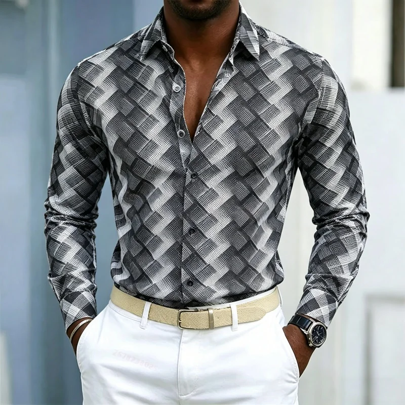 Men's shirt, European and American style gradient diamond grid printed long sleeved shirt, black and white slim fit casual shirt
