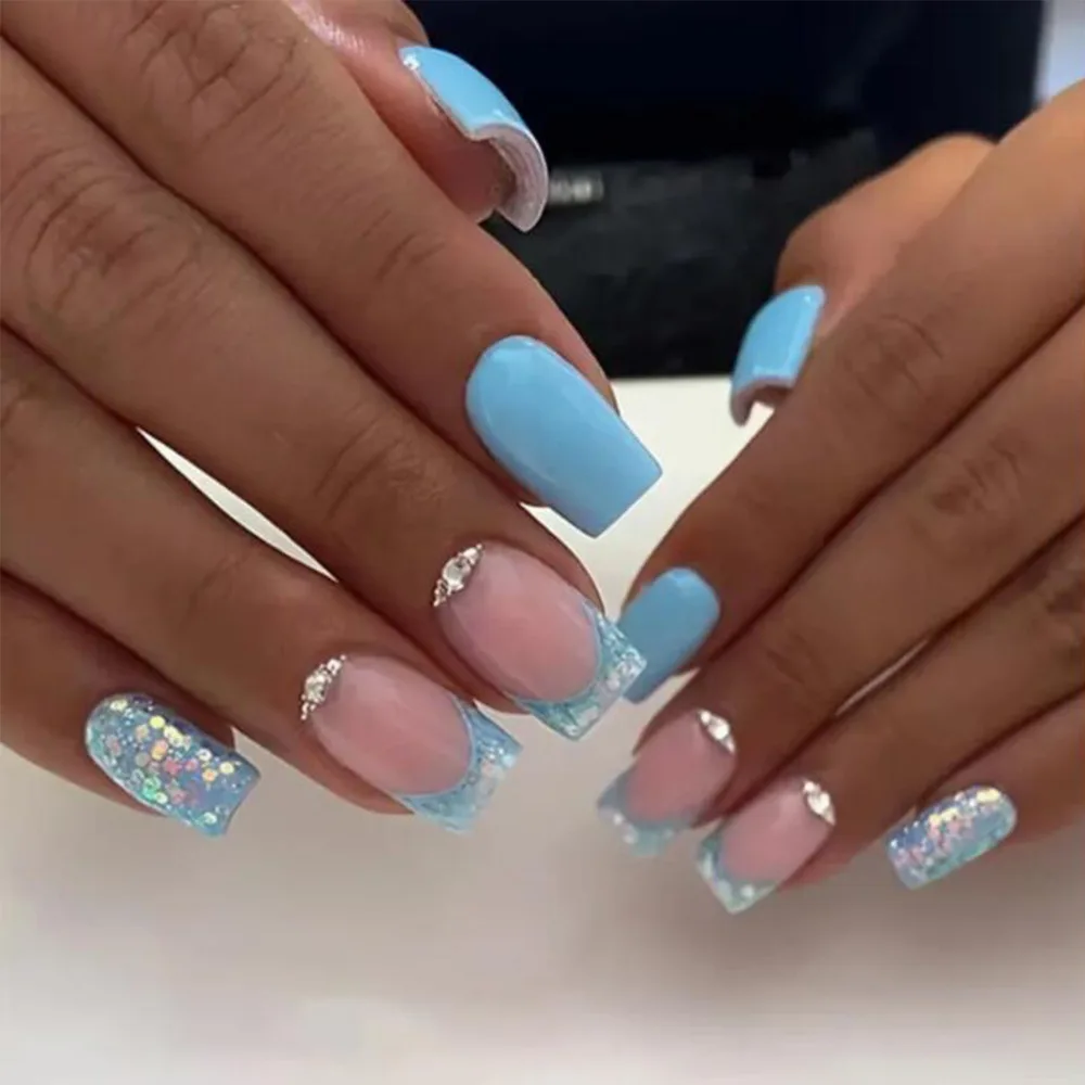 

Hot-selling blue pink star diamond detachable manicure, fashionable atmosphere wearing nail 24 pieces finished nail patch