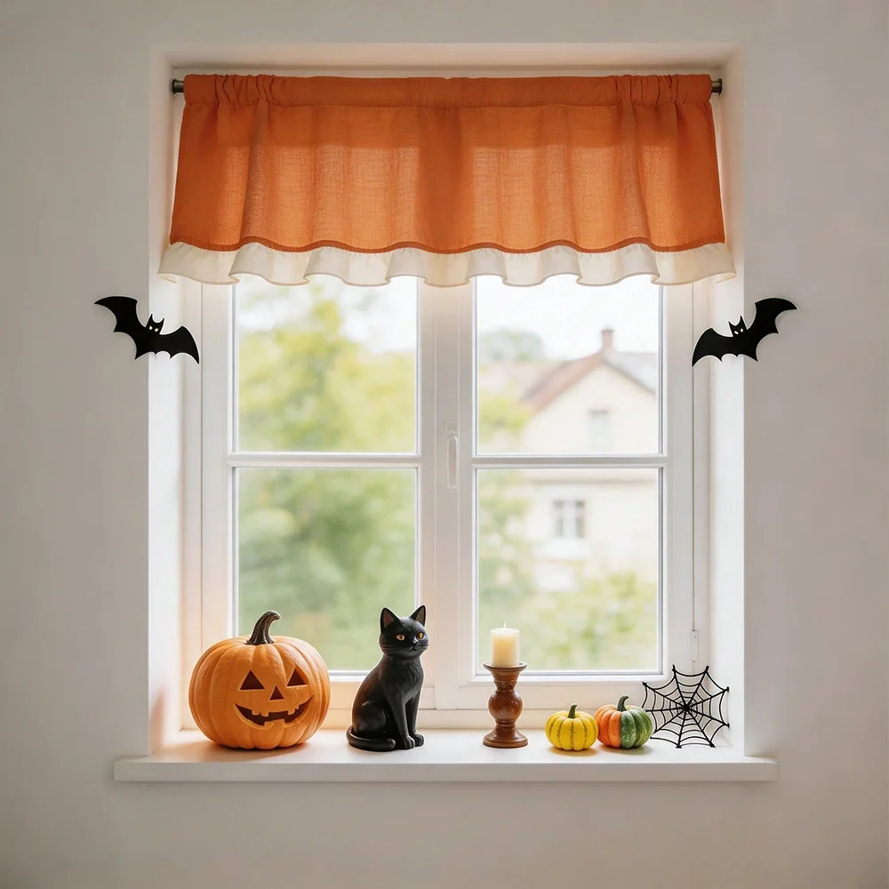 1/2 Panels halloween orange ruffle simple curtains, short coffee table skirts, suitable for festive kitchen cabinet decoration