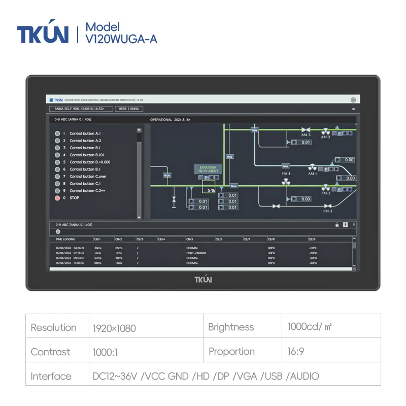 12-Inch 1920x1080 Industrial Widescreen Touch Display Embedded Installation Touch Screen DP HD-MI TKUN Industrial Computer