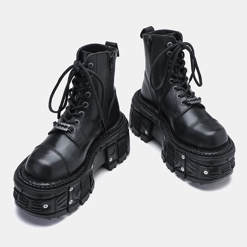 2023 All-Matching Women's Special-Interest Design Lace Up Knight Female Dark Punk Metal Muffin Platform Ankle Boots Men