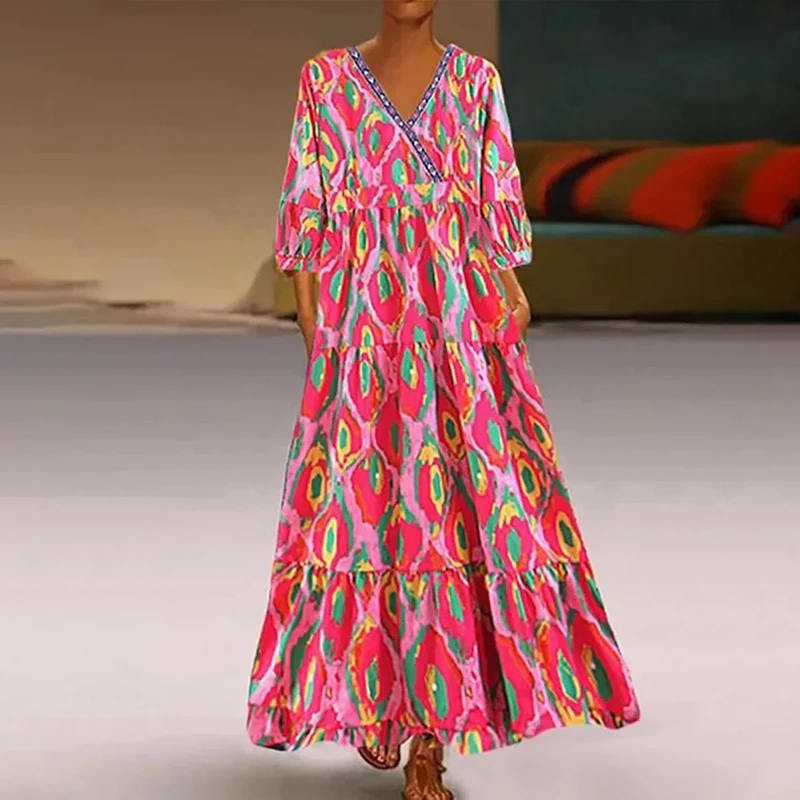 

Женское винтажное платье с геометрическим принтом, длинное Плиссированное Платье с V-образным вырезом и карманами, свободное платье-пуловер с рукавом 3/4 для весны и осени