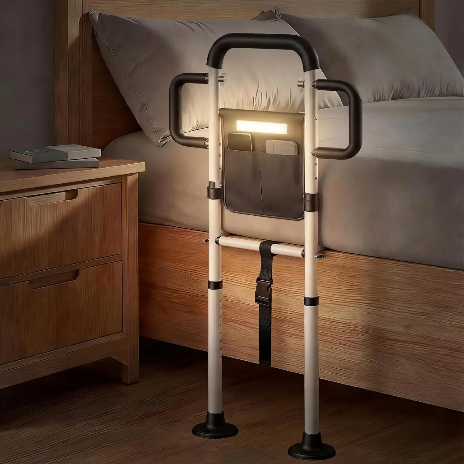 

Adjustable Bed Rails for Elderly Safety, 400 Lbs Support with Motion Sensor Light and Non-Slip Handles