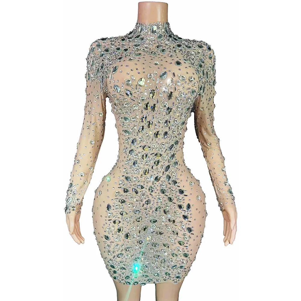 

Nude Shining Rhinestones Crystal Sexy Long Sleeves Sheath Dress For Women Party Club Clothing Singer Perform On-Stage Costumes