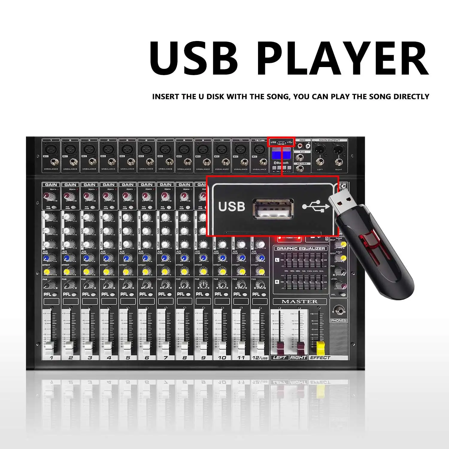GAX-PMX12 Mixer professionale a 12 canali 500 W + 48 V Alimentazione Phantom Effetti 16DSP Riproduzione computer USB Registrazione Console di missaggio