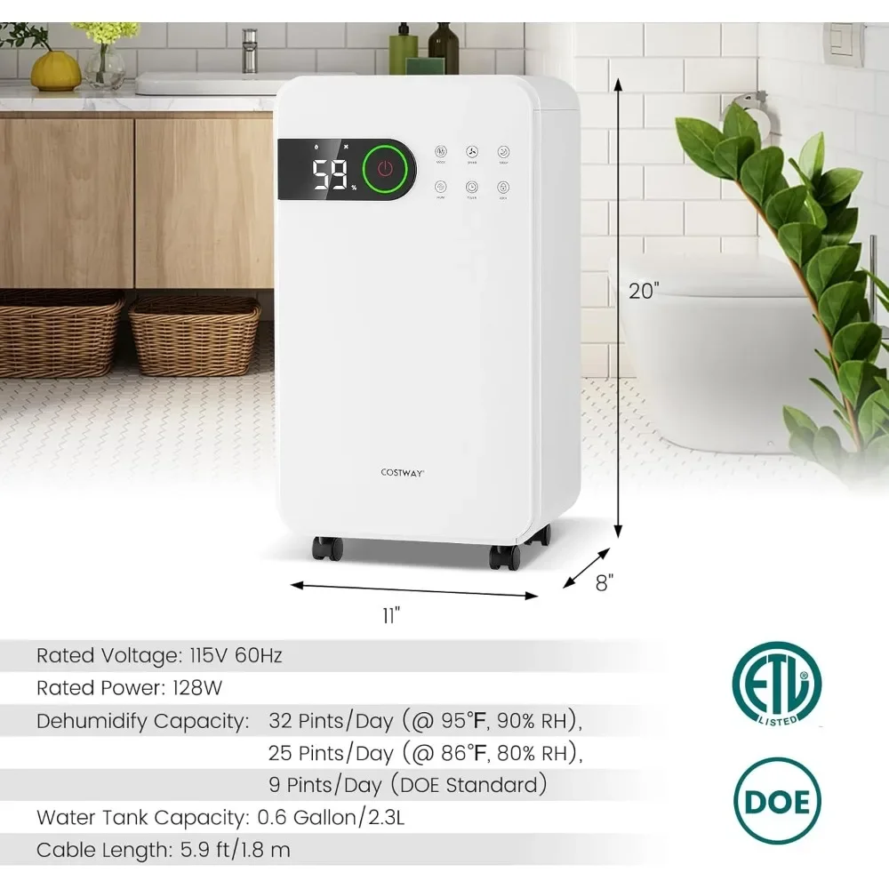 Déshumidificateur domestique 2500 m2. Sous-sol Ft, capacité de 32 pintes avec roulettes, mode veille, minuterie 24H, indicateur LED 3 couleurs, H à long terme