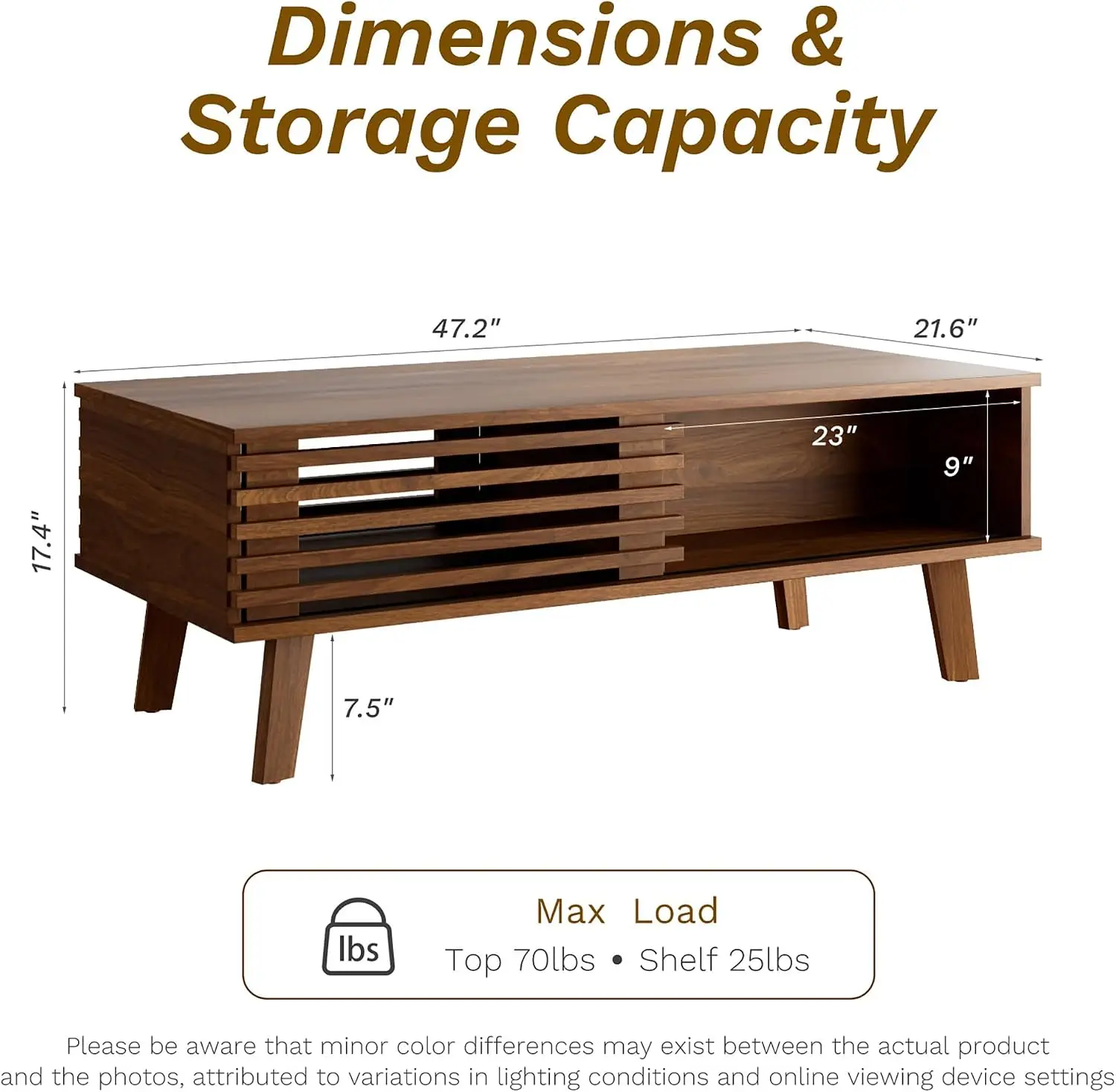Mid Century Coffee Table With Storage Sliding Fence Door Modern Wooden Coffee Table For Living Room Center Accent Table Tabletop Display Storage Furniture Walnut