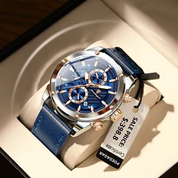 POEDAGAR Fashion Man Wristwatch Chronograph Date Large Dial Leather Watches for Men Waterproof Luminous Sport Quartz Men's Watch
