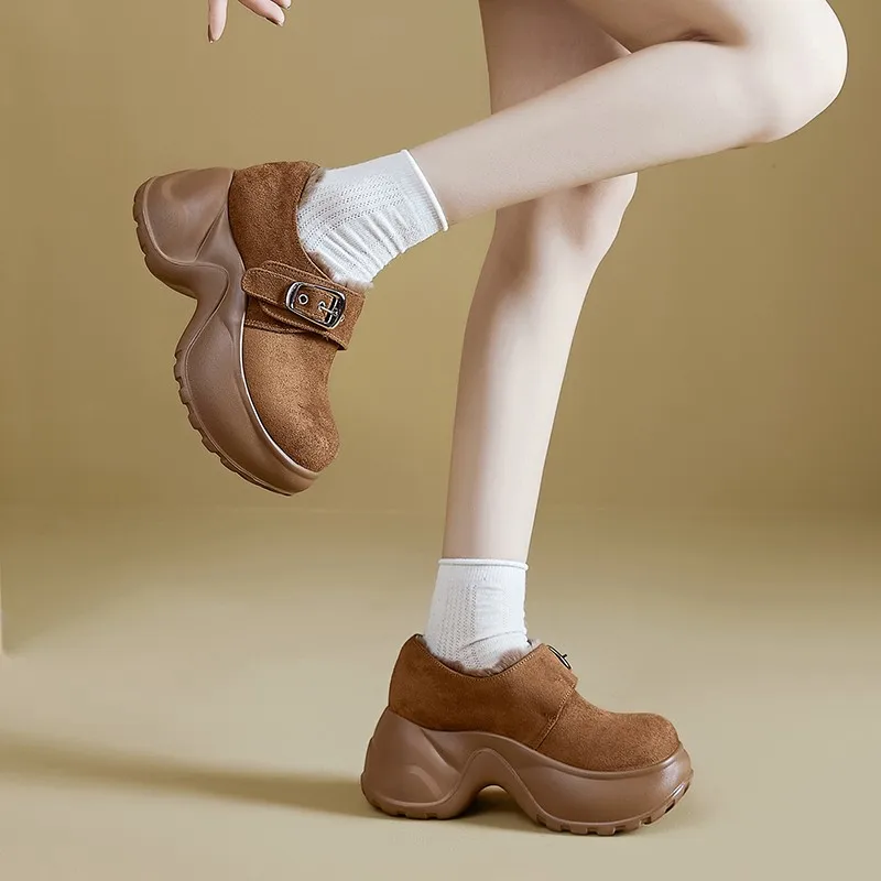 أحذية عالية الكعب موضة جولة تو الجلد المدبوغ مشبك معدني أفخم منصة دافئة عدم الانزلاق كتلة كعب الأحذية القطنية