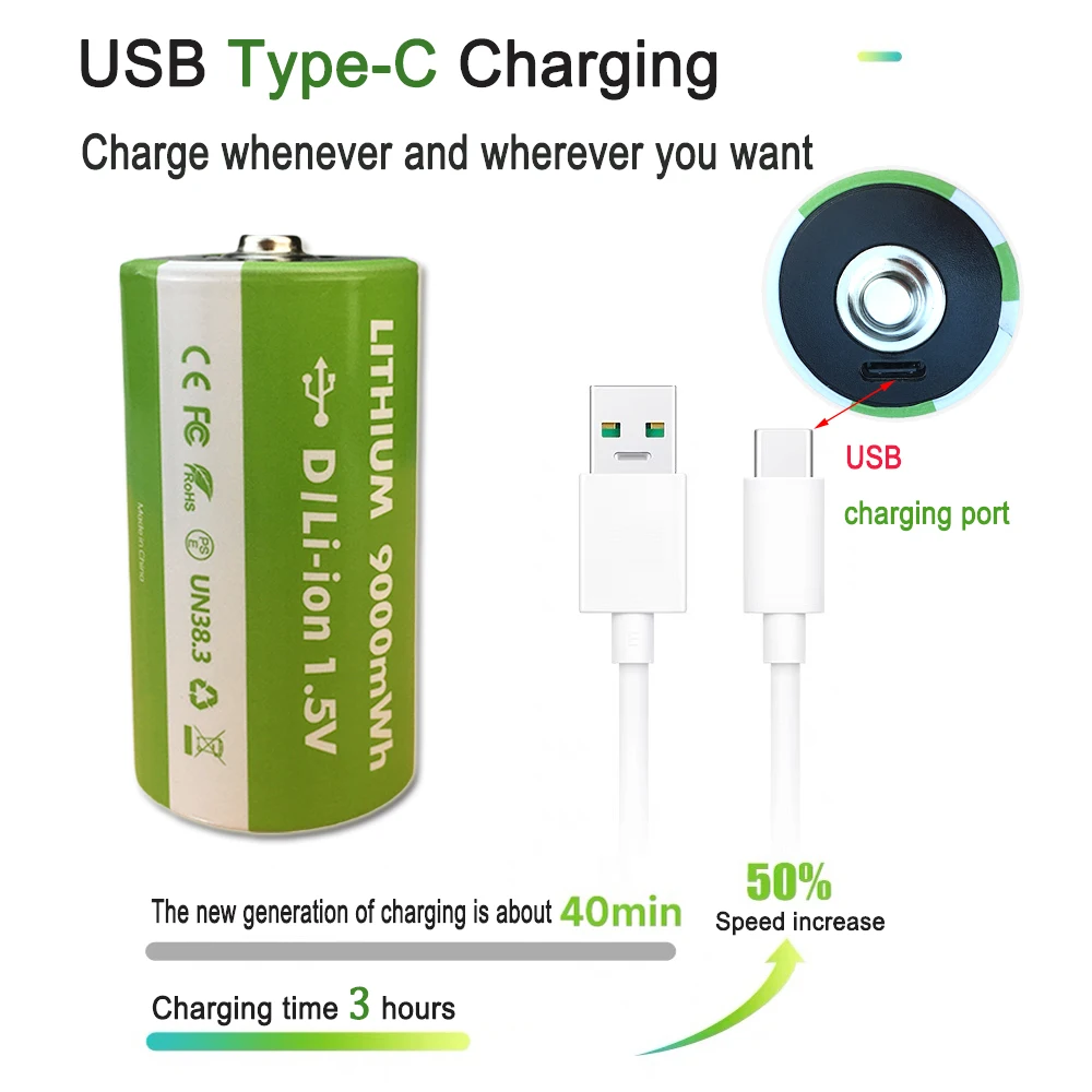 USB Rechargeable Li on Battery D1 Type-C 1.5V 9000mAh For Electric Toy Car Electronic Scale, Sunlight Flashlight, etc