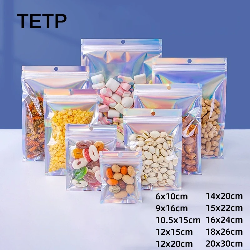 TETP 100pcs Laser Ziplock Bag Home For Card Bracelet Necklace Jewelry Display Sealed Beauty Eyelash Packaging Pouches Resealable