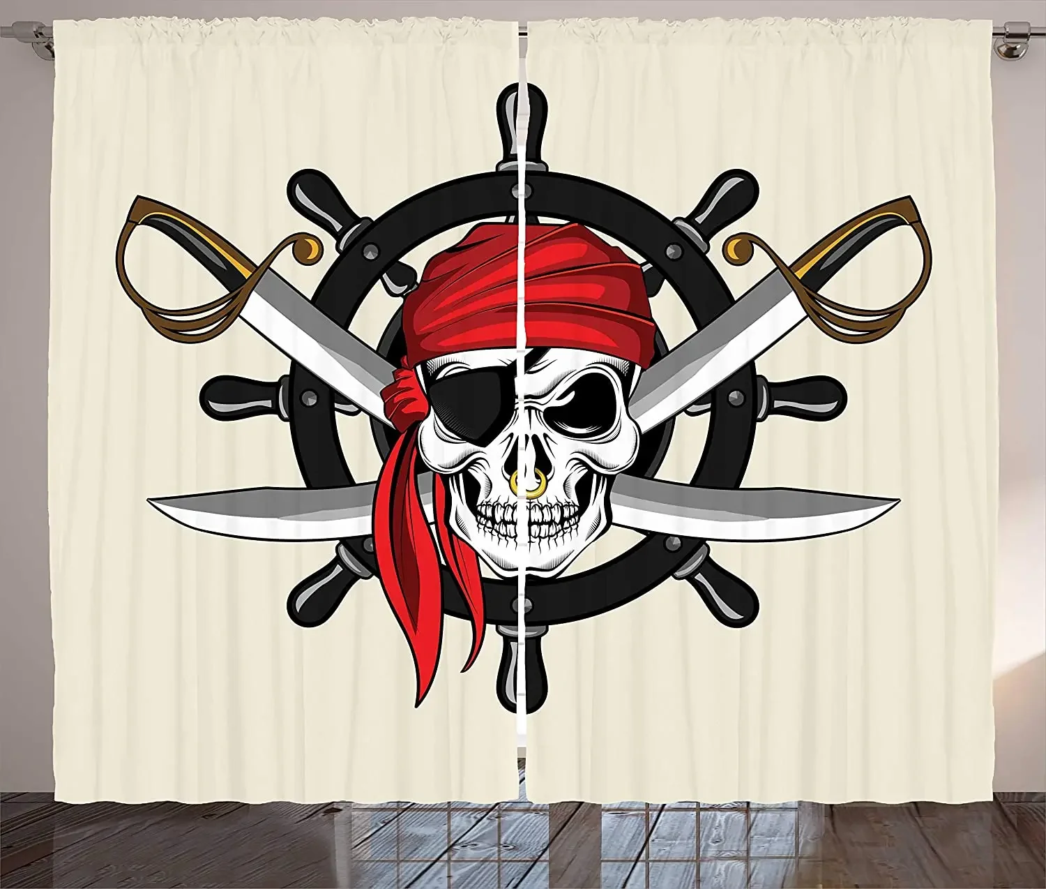 Double Bedroom Blackout Curtains Pirate Skull with Scarf on Steering Wheel Sea Sail Illustration Elegant Room Curtains