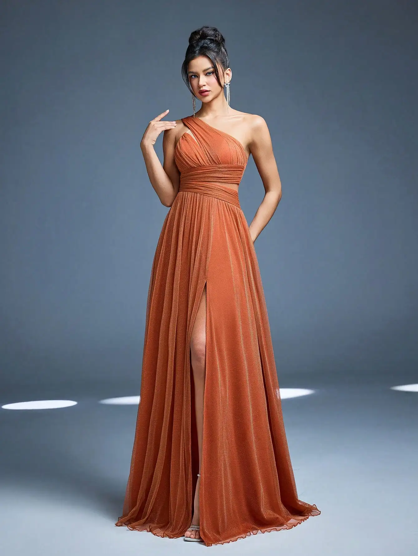 

Mgiacy New Arrival One Shoulder Solid Color Bridesmaid DressperspectiveRuchedHigh slitMesh，Long dress