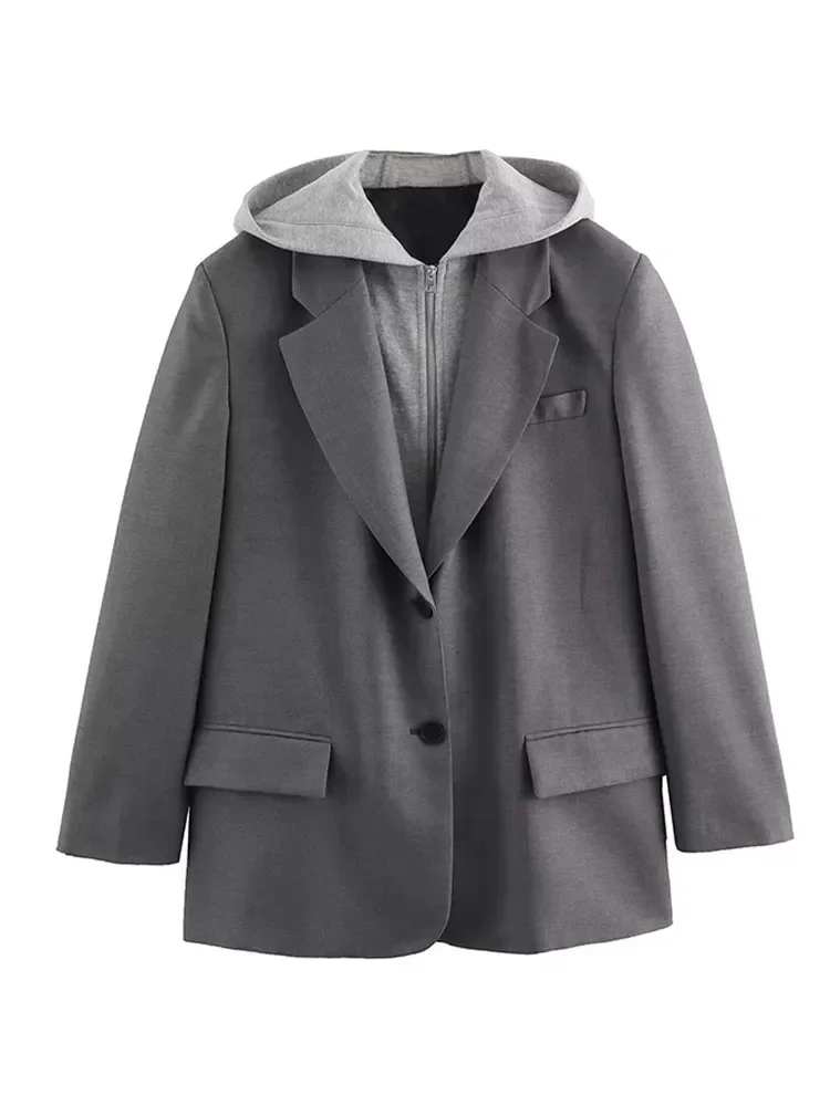 

Blazer Coat For Women Fashion Loose Hooded Patchwork Female Solid Color Button Suit Casual Long Sleeve Pockets Tops Outerwear