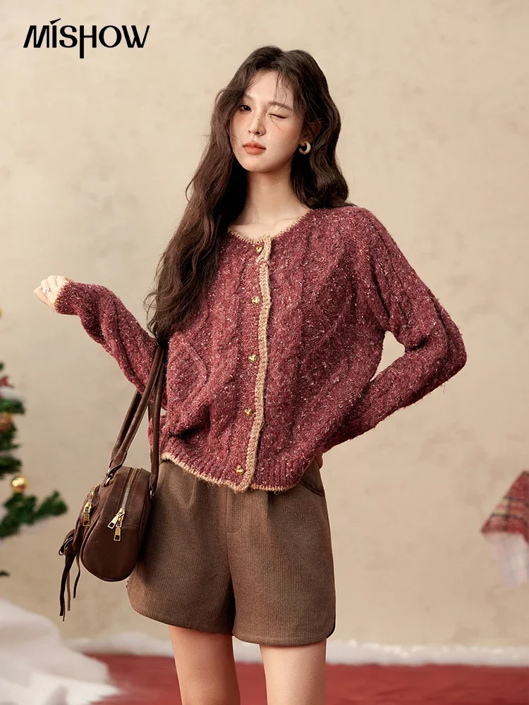 MISHOW Wine Red Cardigan Women 2025 Autumn Winter New Fashion Long Sleeve Sweater Jacket Loose Round Neck Tops Female MXD56Z0972