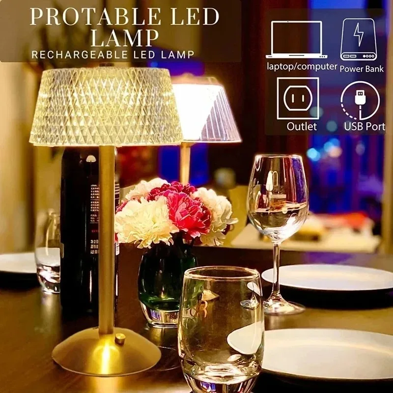 New LED Cordless Table Lamp USB Rechargeable Night Light Touch Dimming Desk Lamp Bedroom Decor Atmosphere Crystal Table Lamps