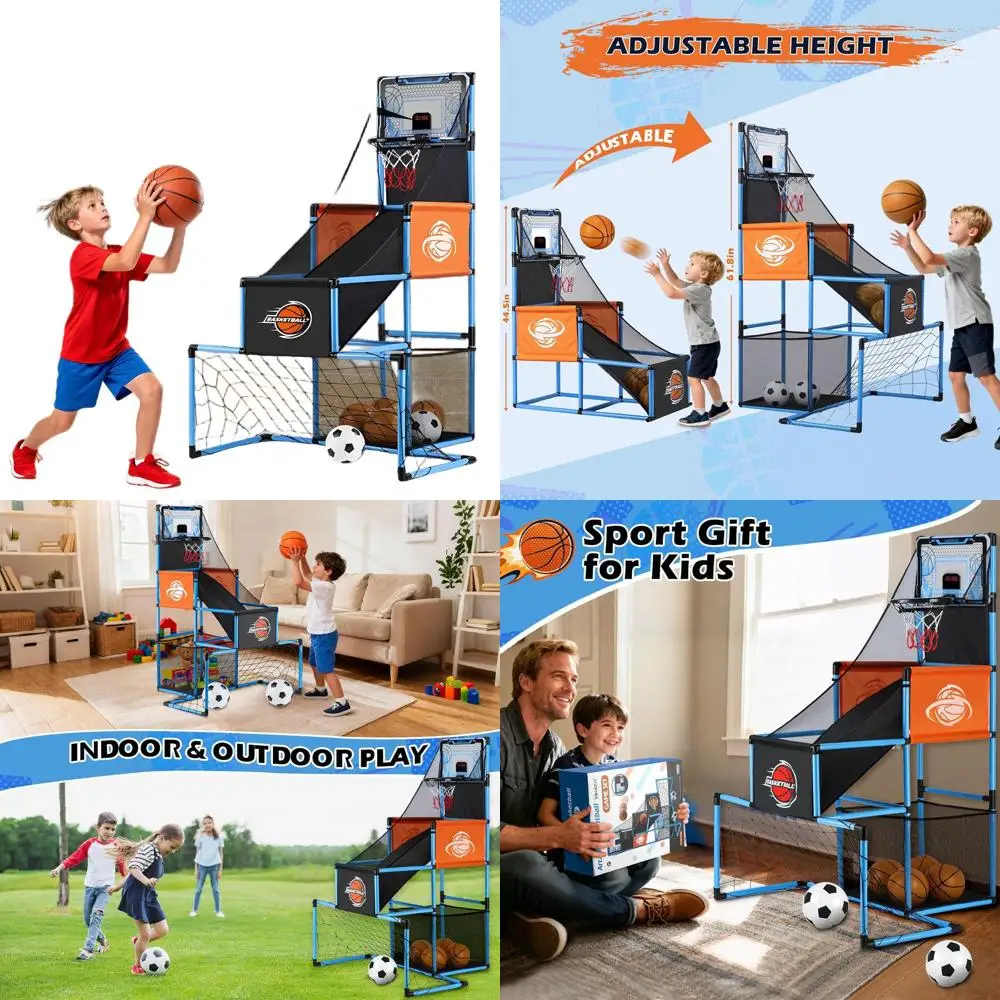 

2-in-1 Basketball & Soccer Game Set with Adjustable Hoop and 6 Balls for Kids Ages 3-12
