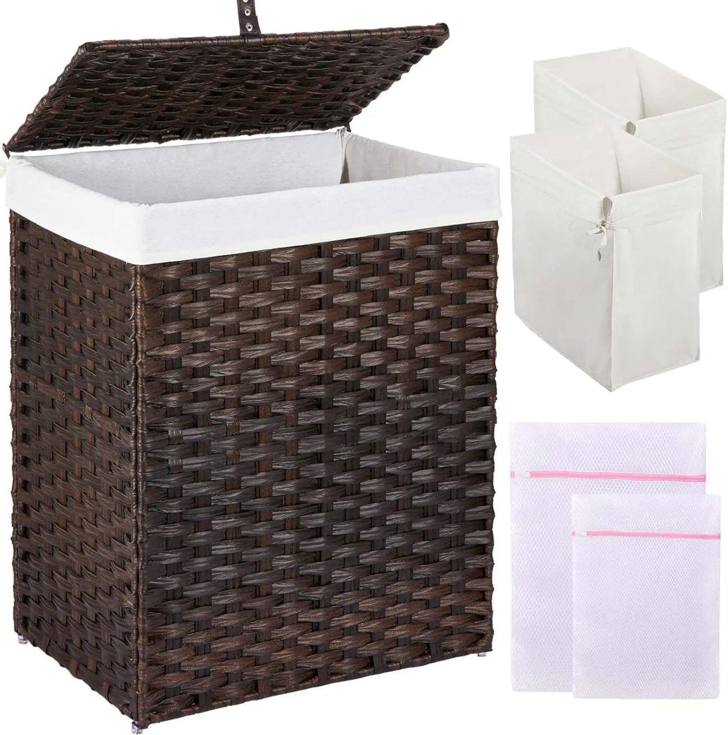 

90L Laundry Hamper with Lid, 2 Removable Liners & Mesh Bags, Handwoven Rattan Basket for Bathroom Bedroom Storage