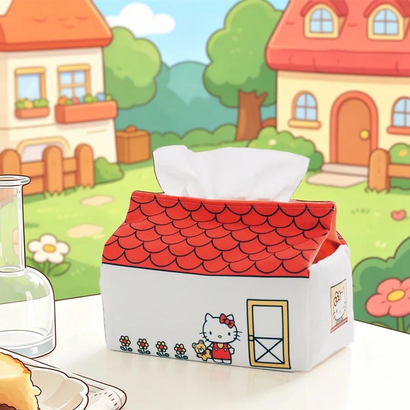 

Kawaii Hellokittys Tissue Box Cosmetic Bag Sanrios Cartoon House Shape Drawing Tray Living Room Desktop Toilet Paper Cover