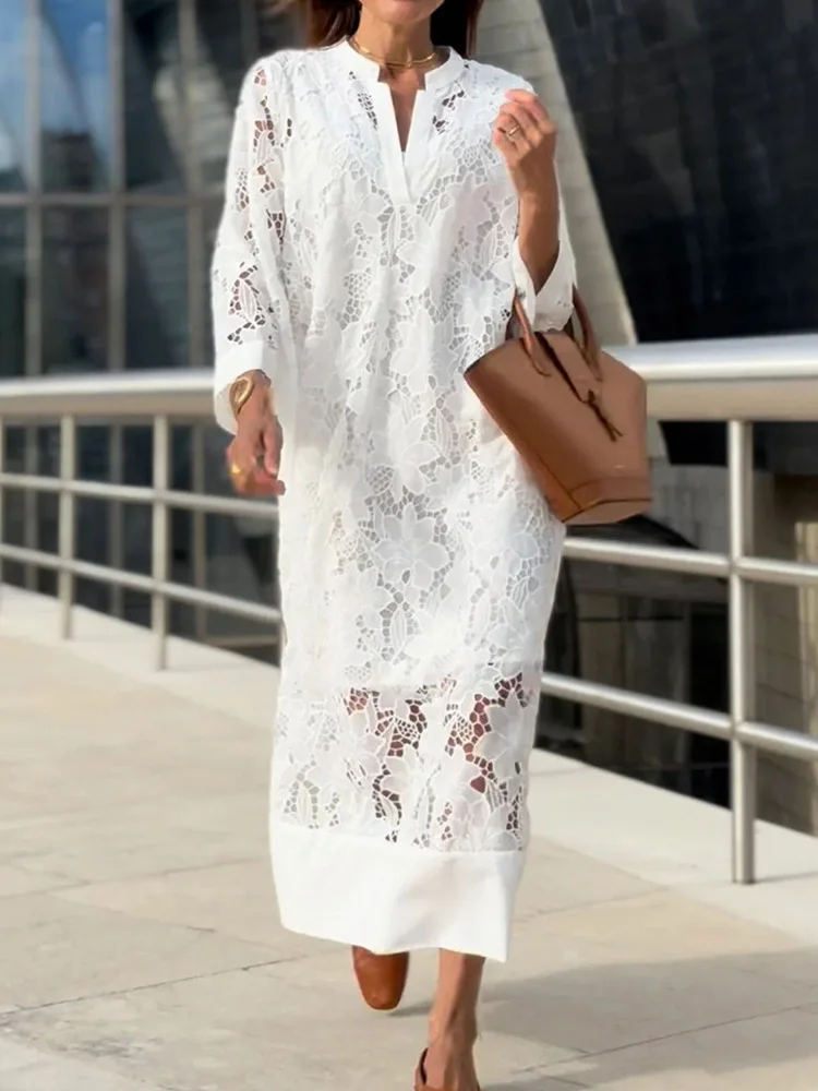 Casual V Neck Women Solid Long Dress Elegant Lady Three Quarter Sleeve Party Dress Sexy Hollow Out Lace Patchwork Dress Vestidos