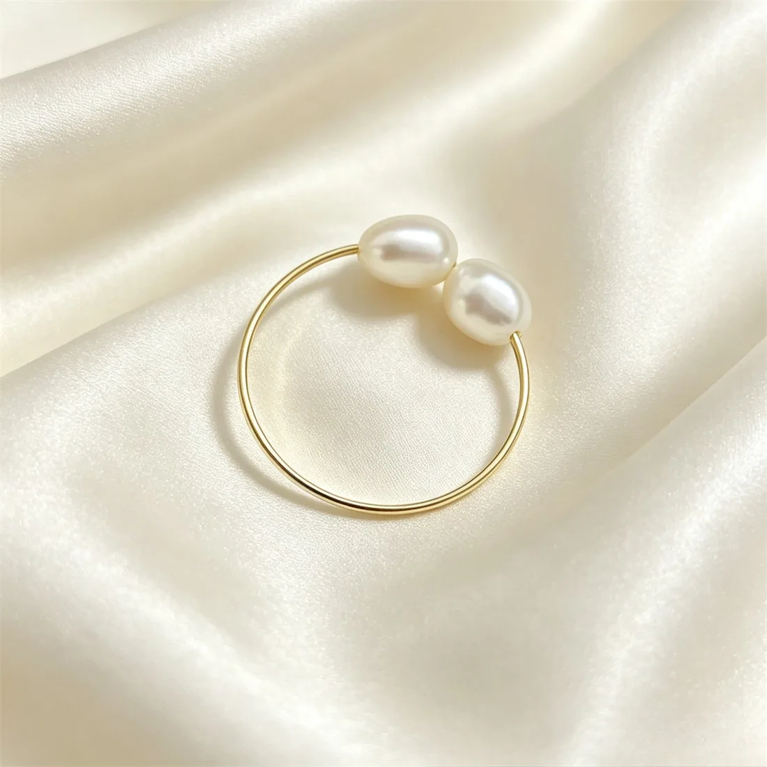 Natural Freshwater Pearl Open Ring For Women, Stainless Steel Gold Thin Hoop Ring Minimalist Double Pearls Adjustable Finger Jew