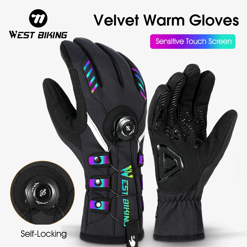 WEST BIKING-Guantes Térmicos de ciclismo para hombre, manoplas gruesas y cálidas con autosujeción para pantalla táctil, para bicicleta de montaña y