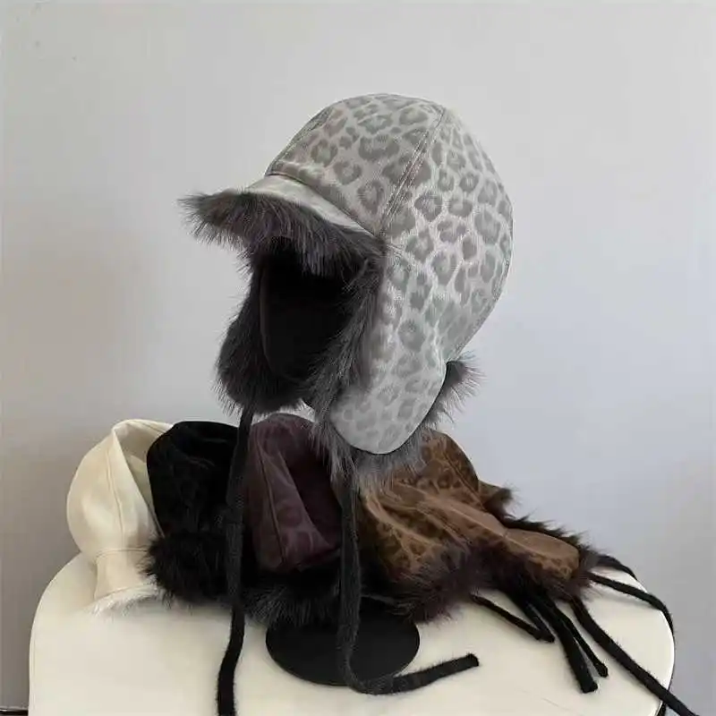 Winter Frauen Männer Leopard Print Ski Unten Hut Nachahmung Nerz Pelz Bomber Hüte Outdoor Winddicht Warme Radfahren Ohr Schutz Kappen
