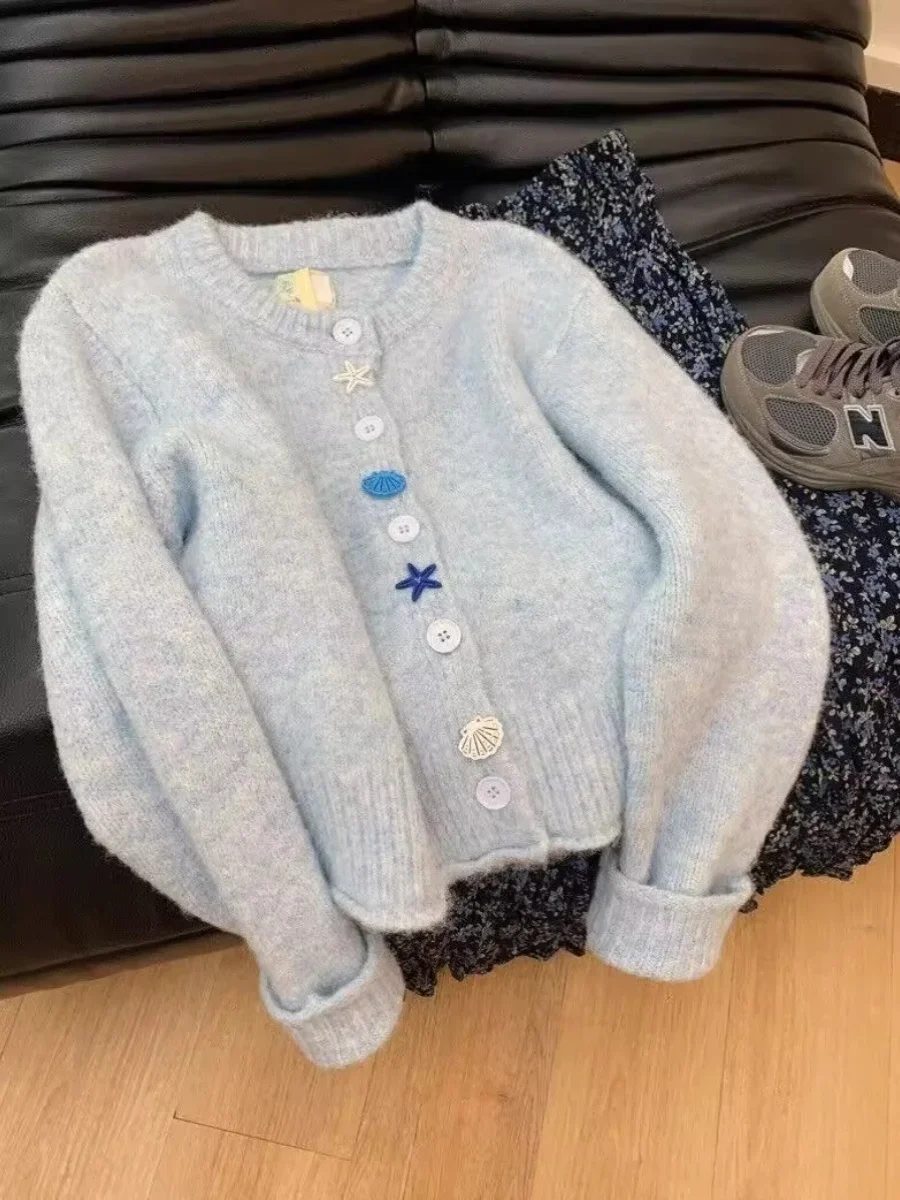 Lovely Cute Starfish Buttons Cardigan Short Jacket New Winter Autumn Coats Korean Preppy College Style Loose Sweaters Solid Blue