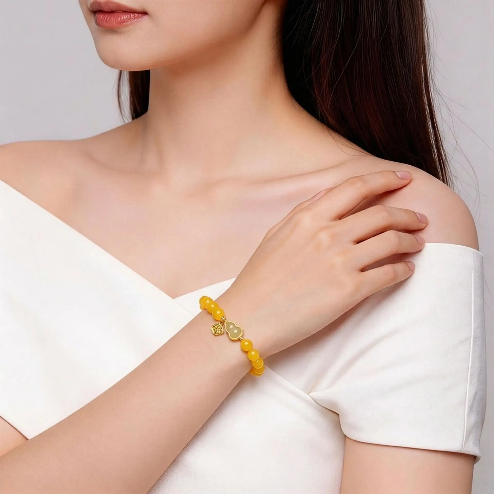 8mm Natural Yellow Agate & Hetian Jade Beaded Bracelet for Women Vintage Lucky Gourd Charm Hand String Fine Jewelry Accessories
