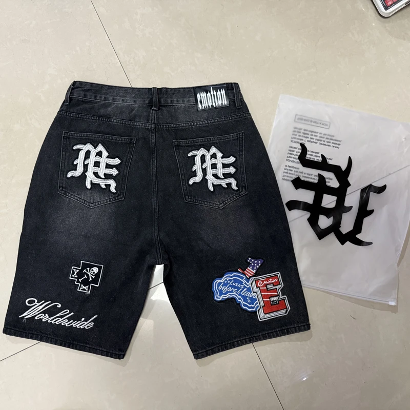 

Новые высококачественные настоящие фото, смешанные джинсы EMOTION, вышивка логотипа, уличная одежда, трендовые джинсовые шорты со смешанной эмоцией для мужчин и женщин