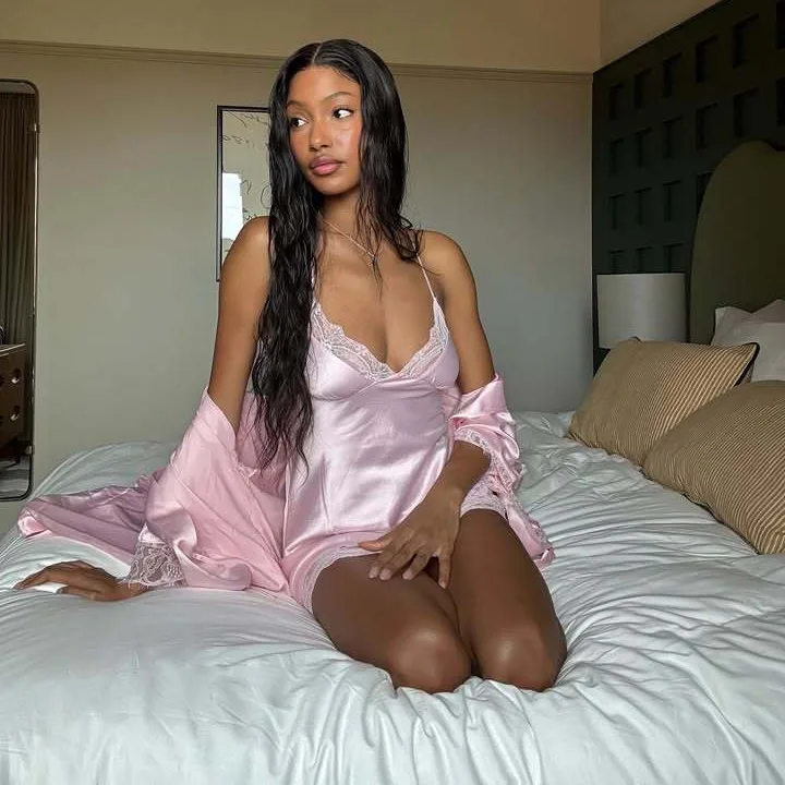 Sexy Pink Lace Patchwork Suspender Nightgown Criss-cross Backless V-neck Satin Comfort Solid Color Women's Sweet Nightdress
