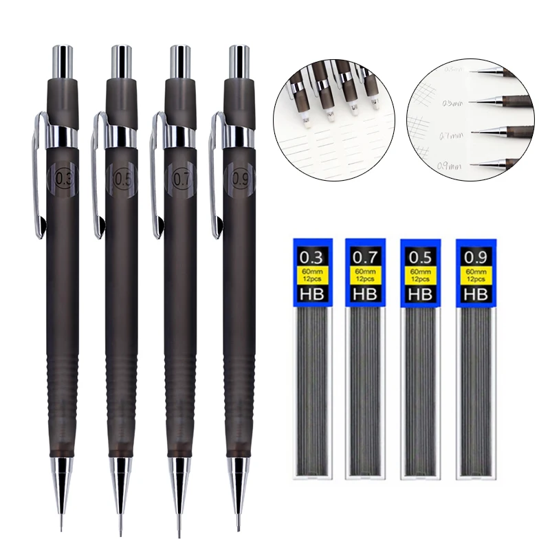 

2pcs/set 0.3/0.5/0.7/0.9mm Mechanical Pencil Set - Built-in Eraser, Triangle Grip Automatic Pencil, for School Writing Supplies