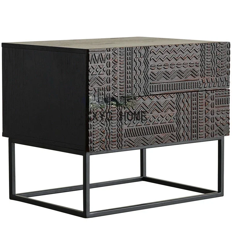 Modern Teak Solid Wood Hand-Carved Bedside Table Retro Side Cabinet Double Drawer Storage Cabinet