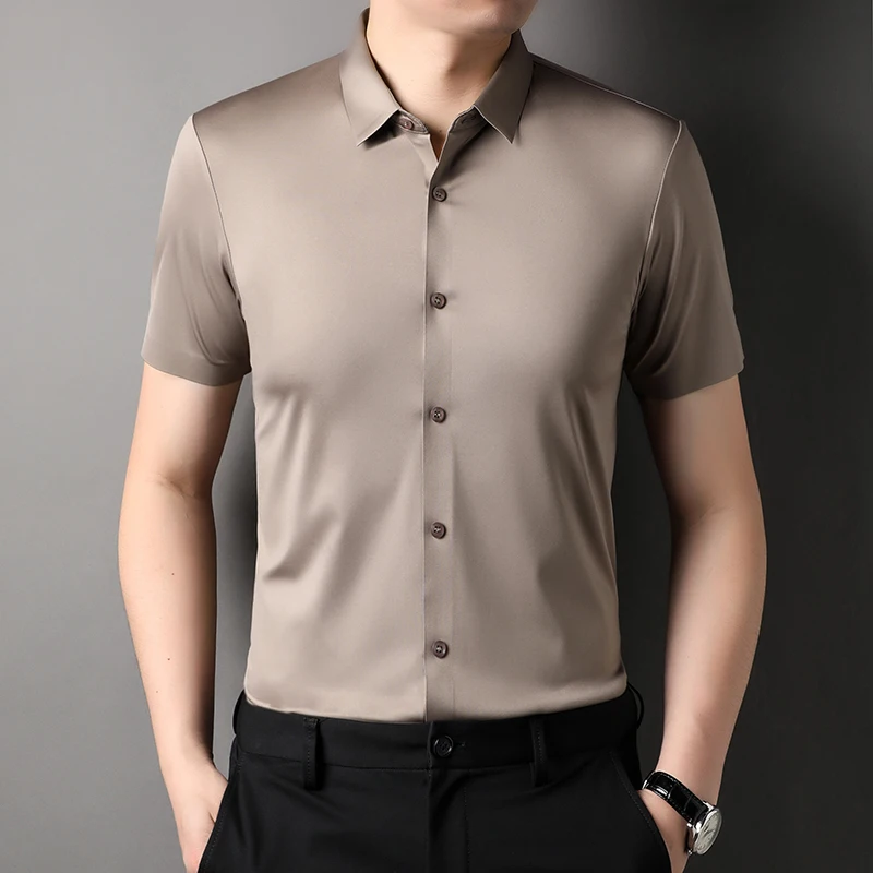 High end brand classic solid color men\'s short sleeve POLO shirt 2024 summer silk ice feeling comfortable casual businessT-shirt