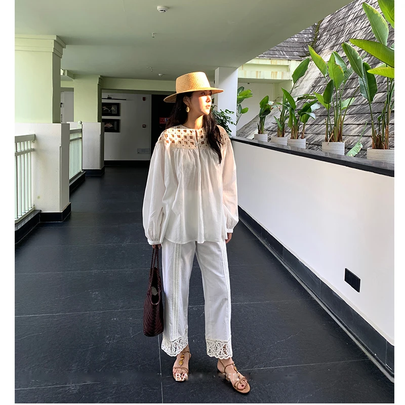 Lente/zomer nieuwe Ramee stof ronde hals schouder holle top bladerdeeg mouw comfortabele mode losse damesshirt S-XL