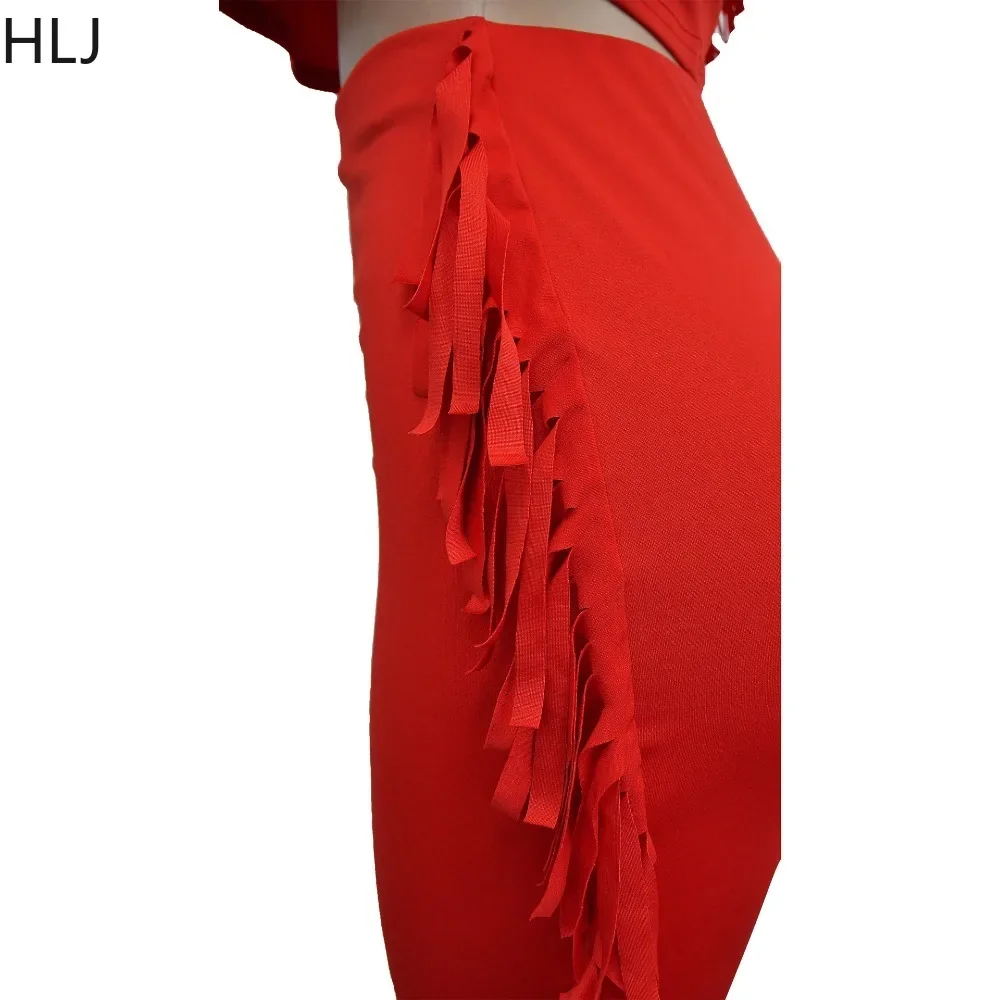 HLJ Elegant Lady Tassels Skinny Skirts Two Piece Sets Women Round Neck Short Sleeve Crop Top + Skirt Outfits Female Solid Suits