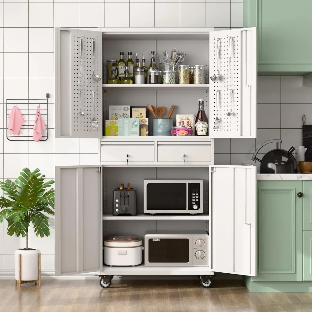 

71" H Rolling Tool Storage Cabinet with Pegboard and 2 Drawers,Metal Garage Storage Cabinet with Wheels 4 Doors and Adjustable