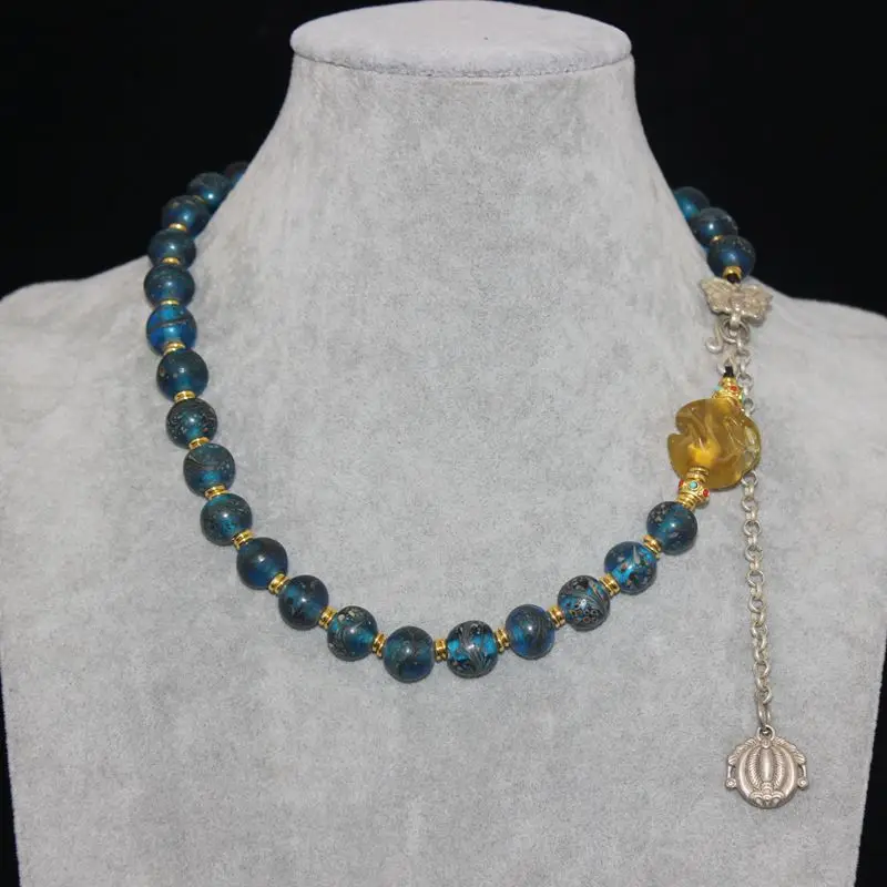 Late Qing Dynasty Blue Old Tail Necklace, Vintage Glass Beads