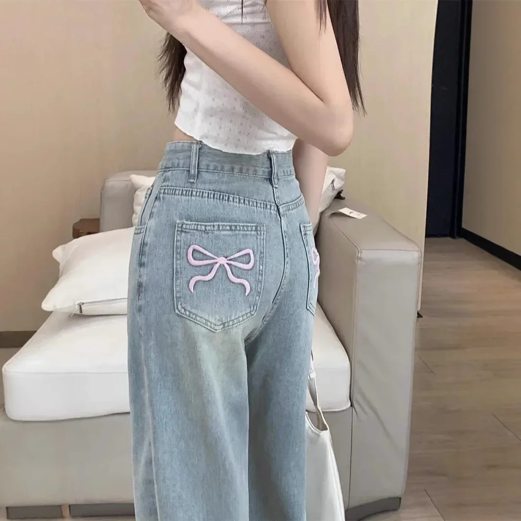 Pop High Waist Straight Leg Embroidered Denim Pants Women's Casual Loose Slimming Wide Leg Floor-Length Trousers Butterfly Knot