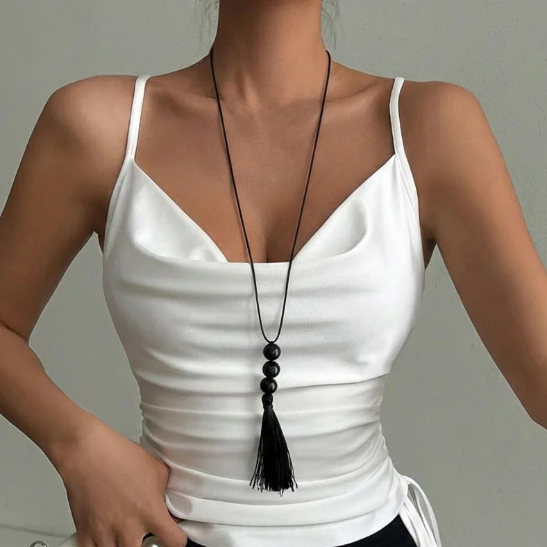 Necklace Black Acrylic Beaded Tassel Long Adjustable Wax Cord Creative Sweater Daily Wear Premium Jewelry for Women
