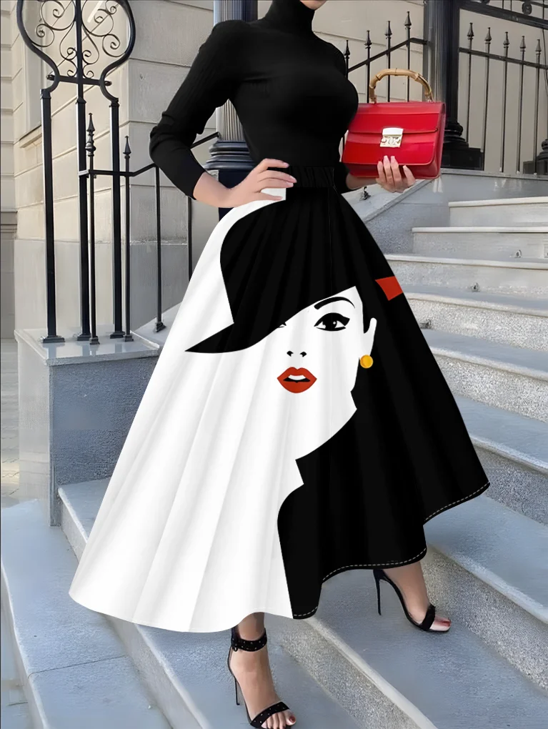 Printed Design Four-season black and white retro portrait print vacation-style women's Half-length skirt