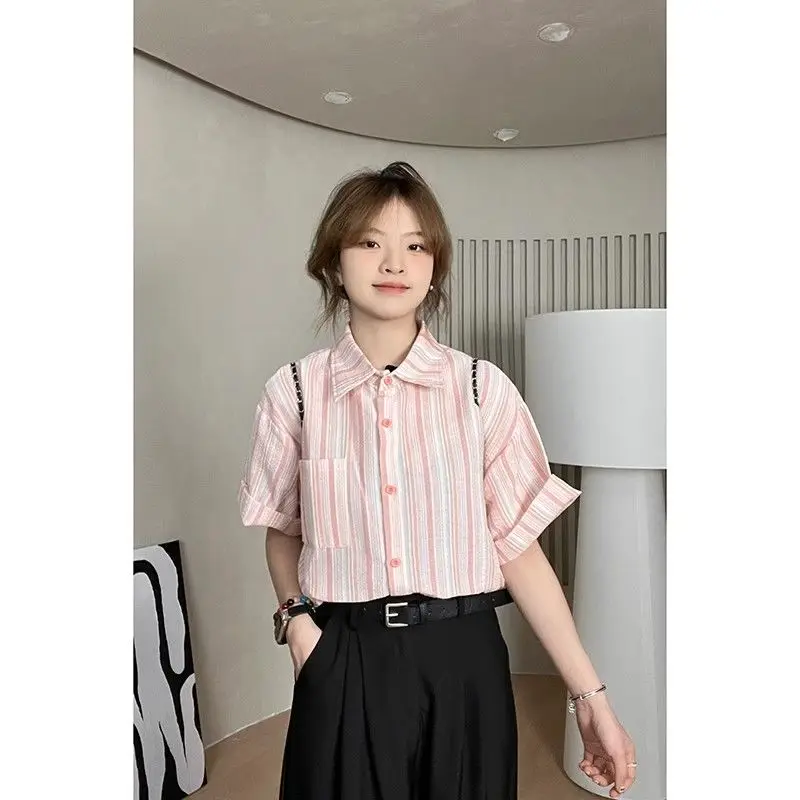 

Age-reducing Versatile Striped Short-sleeved Shirt Korean Women's Casual Loose Lapel Top Trendy
