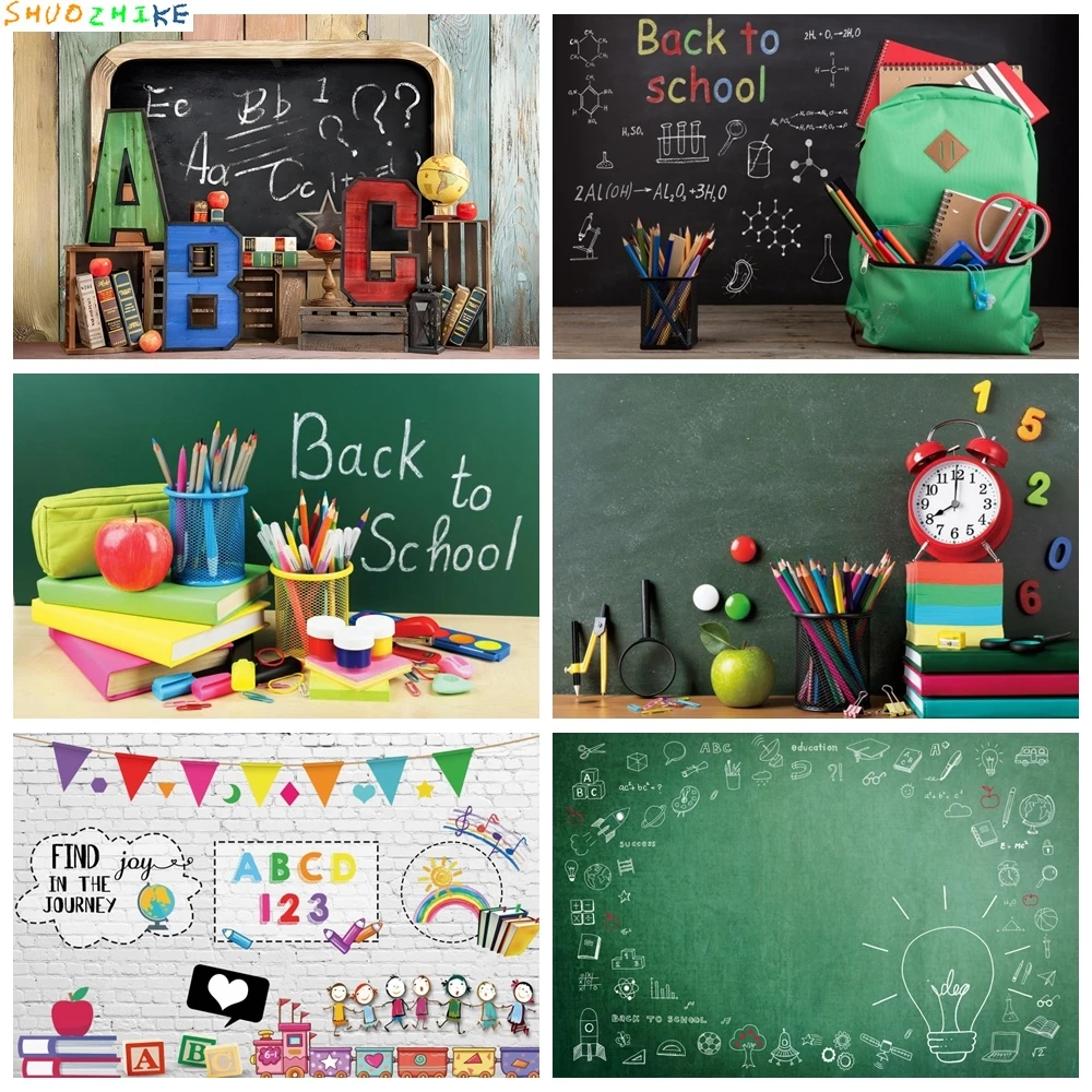 مرحبًا بكم في العودة إلى المدرسة التصوير الفوتوغرافي خلفية السبورة للأطفال حفلة المدرسة حافلة قلم رصاص السبورة صورة خلفية كابينة تصوير #1