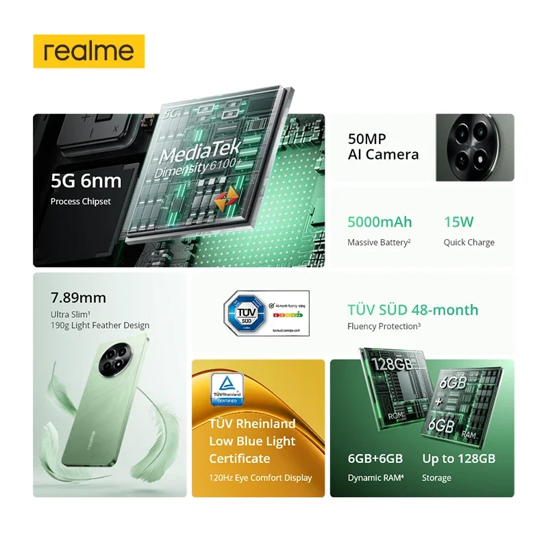 Realme 글로벌 버전 스마트폰, MediaTek Dimensity 6100 + 5G 프로세서, 6.67 인치 120Hz 디스플레이, 50MP AI 카메라, 12X 5G, 월드 프리미어